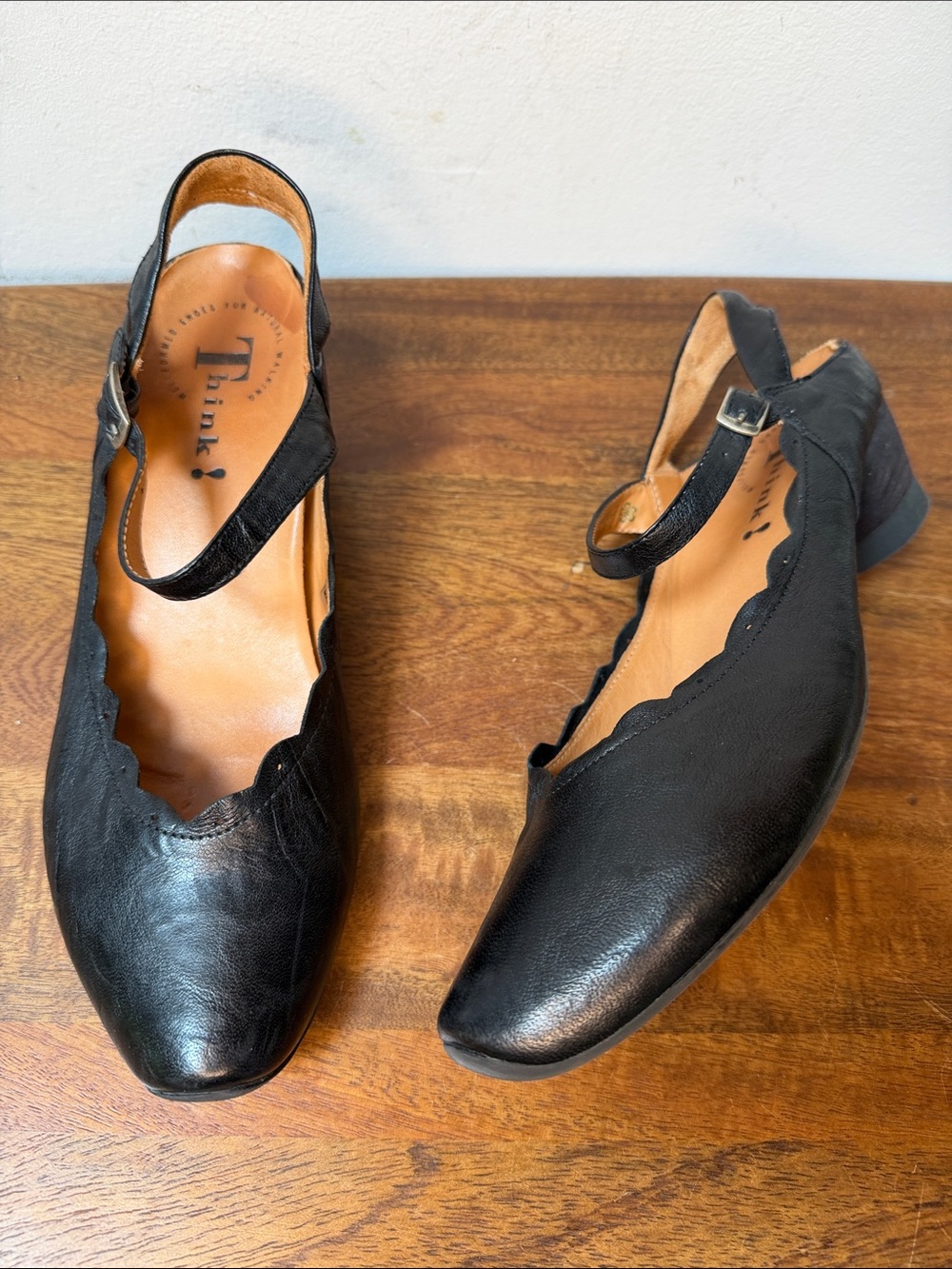 Think! Aida Slingback Black Leather Scalloped Mary Jane Slingback Heels Shoes